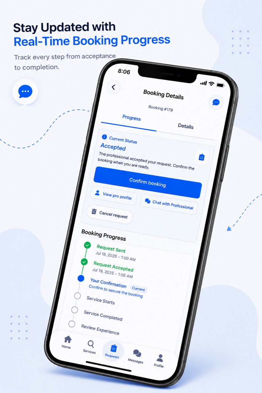 ProLynk booking progress screen showing each step from request to completion