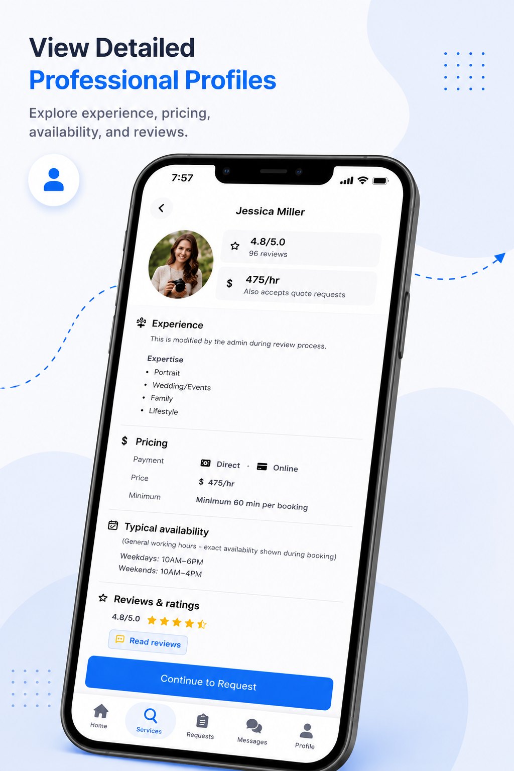 View professional profile details, pricing, availability, and reviews