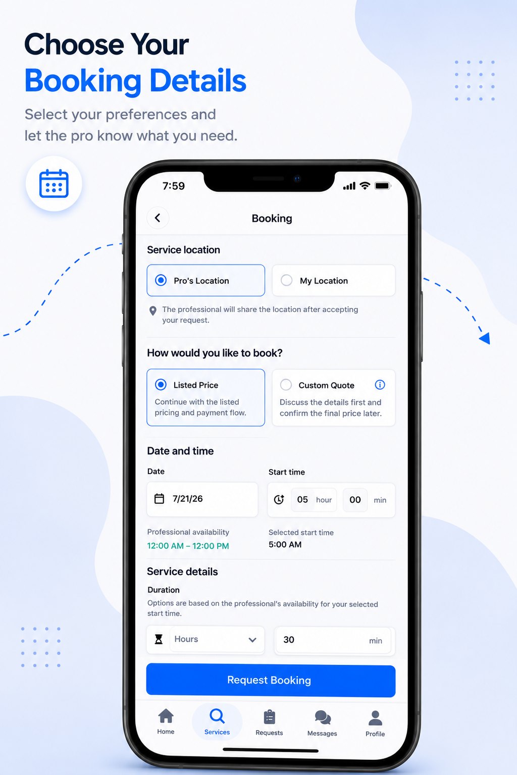 Choose booking location, price type, date, time, and duration