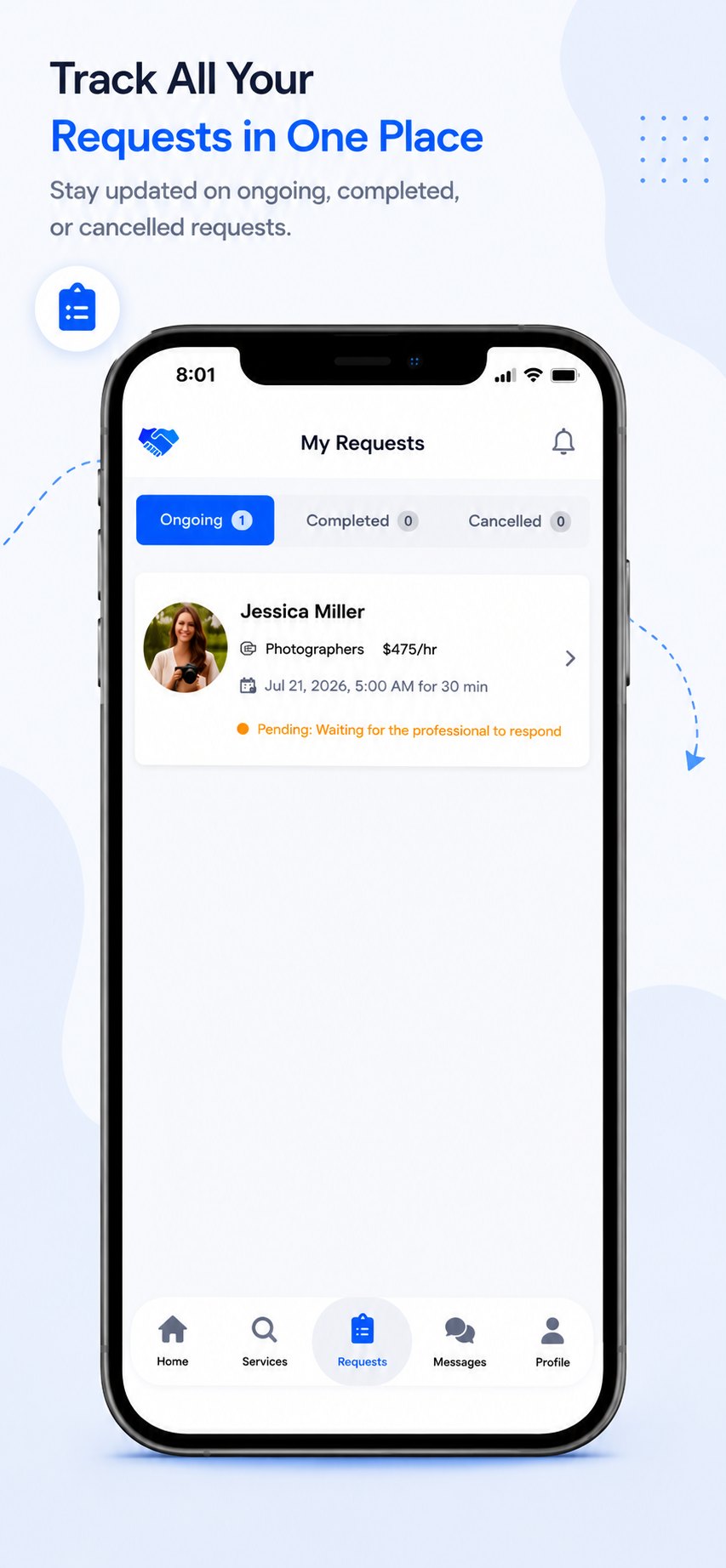 Track ProLynk booking requests and professional response status