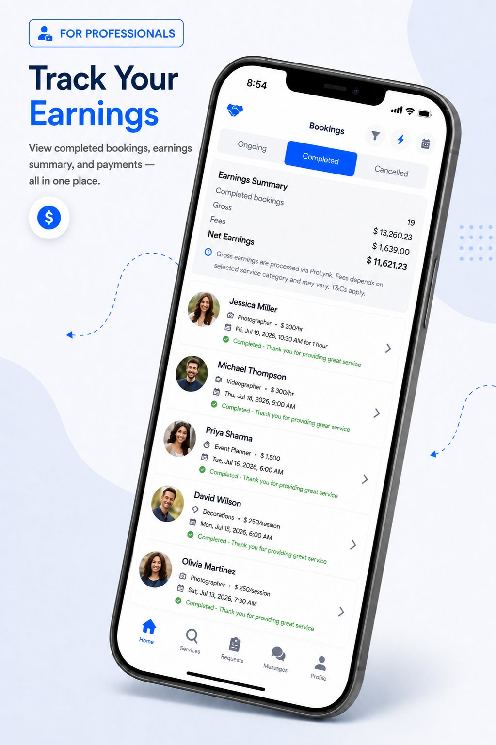 Completed bookings with gross earnings, fees, and net earnings